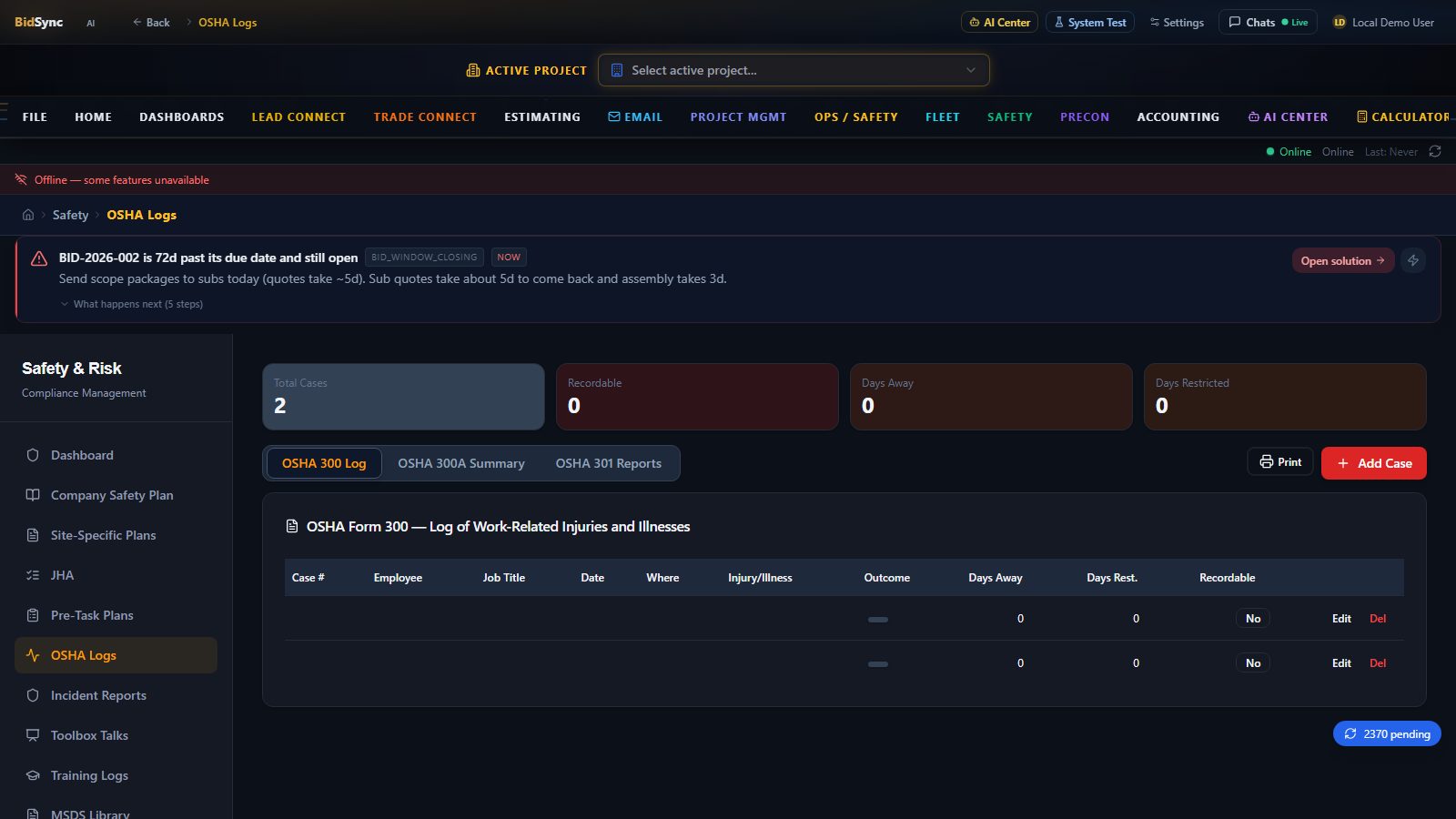OSHA incident tracking screen in BidSync AI