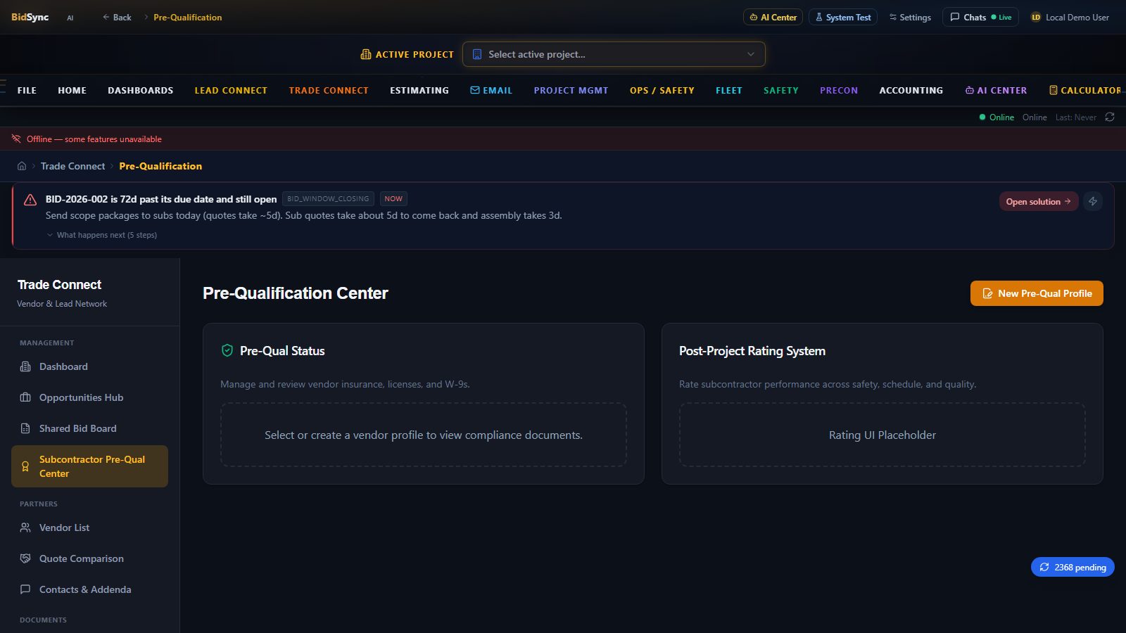 Pre-qualified subcontractor network screen in BidSync AI