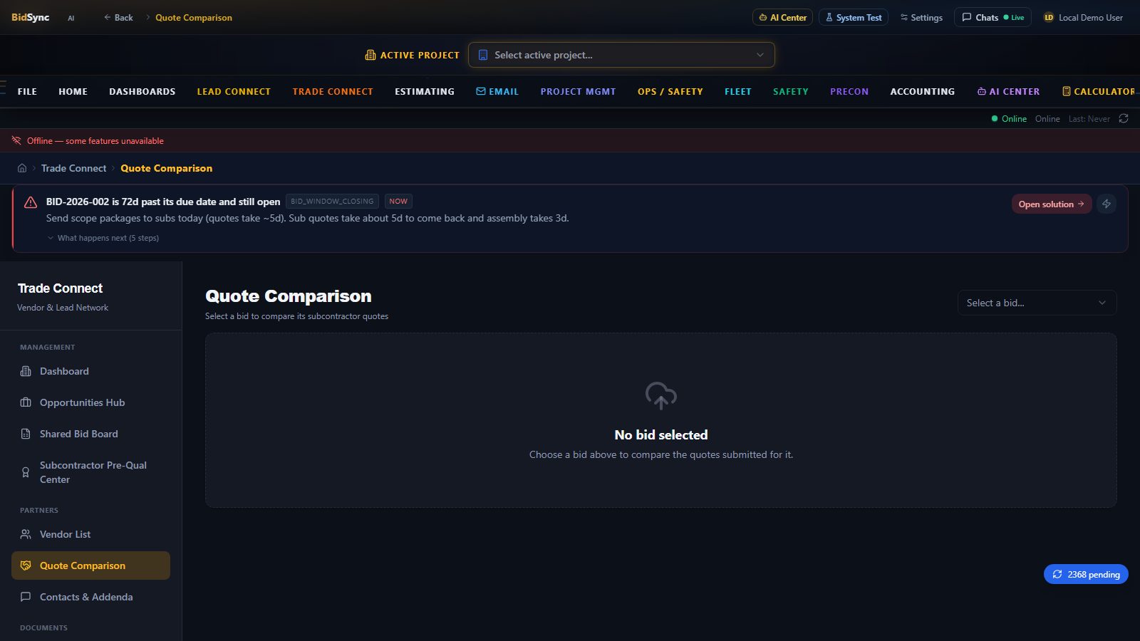 Pre-qualified subcontractor network screen in BidSync AI