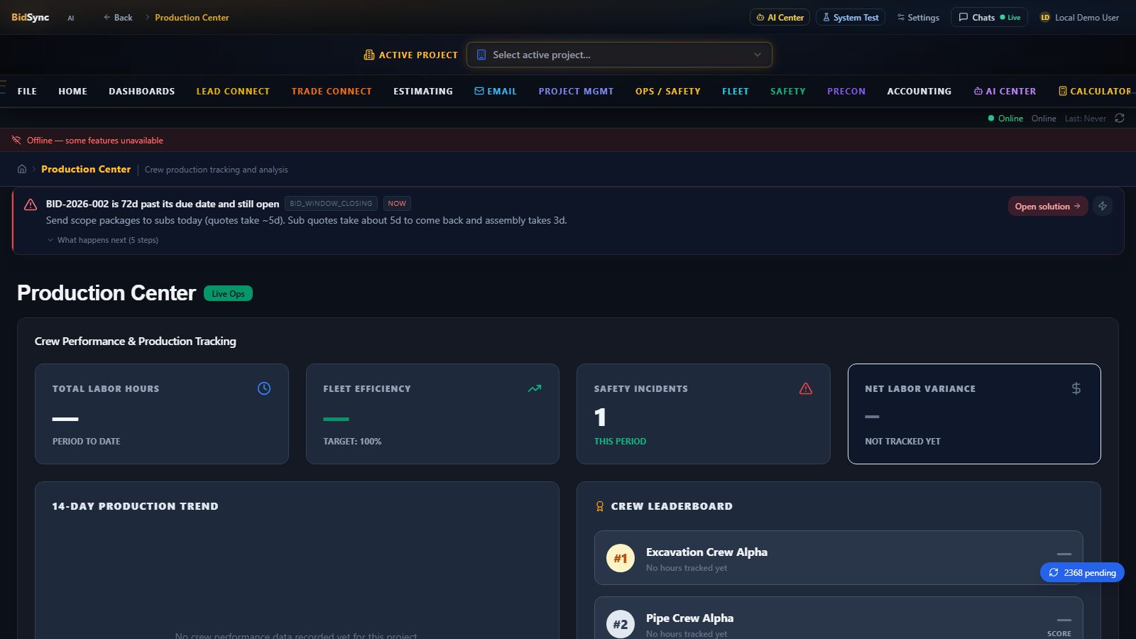 Production center screen in BidSync AI
