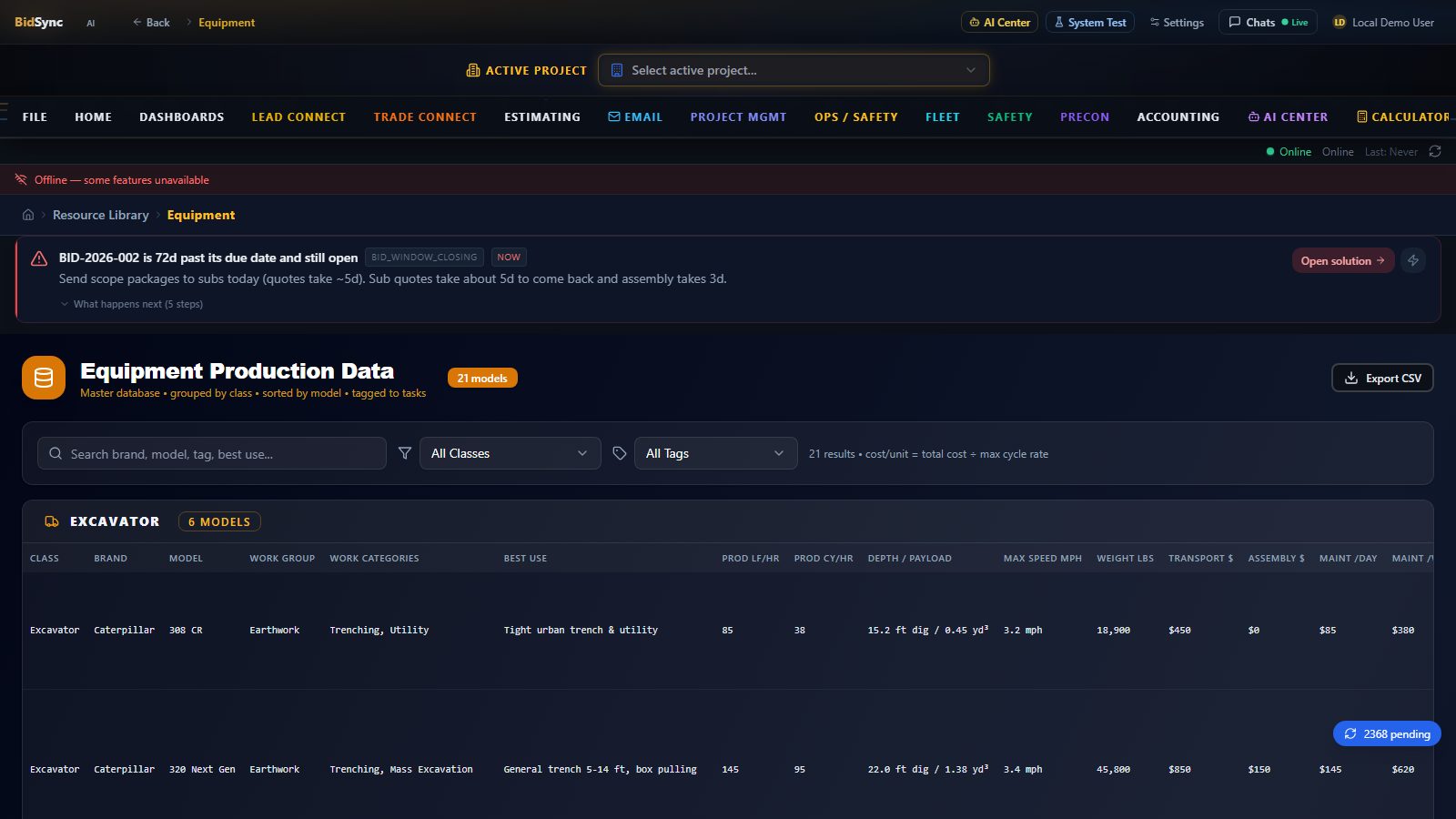 Production center screen in BidSync AI