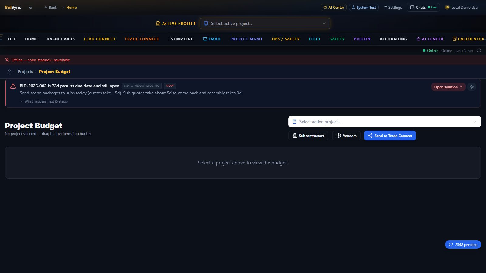 Project budget manager screen in BidSync AI