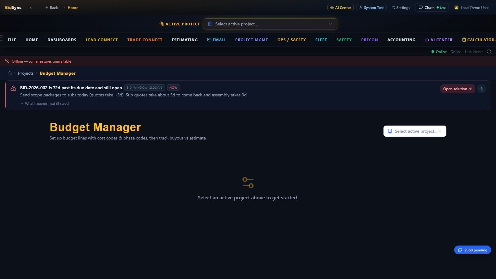 Project budget manager screen in BidSync AI