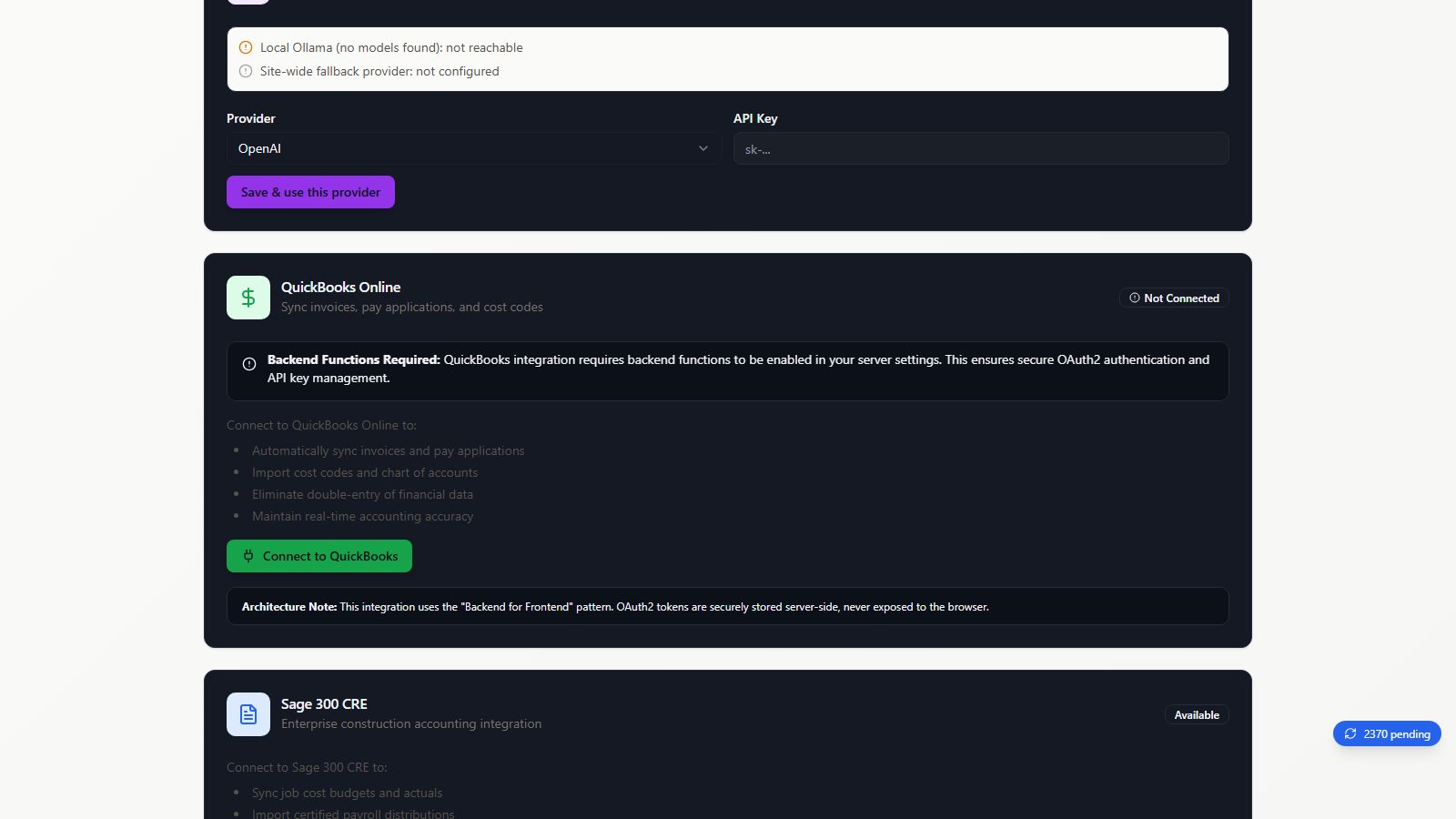 QuickBooks integration (continued) screen in BidSync AI