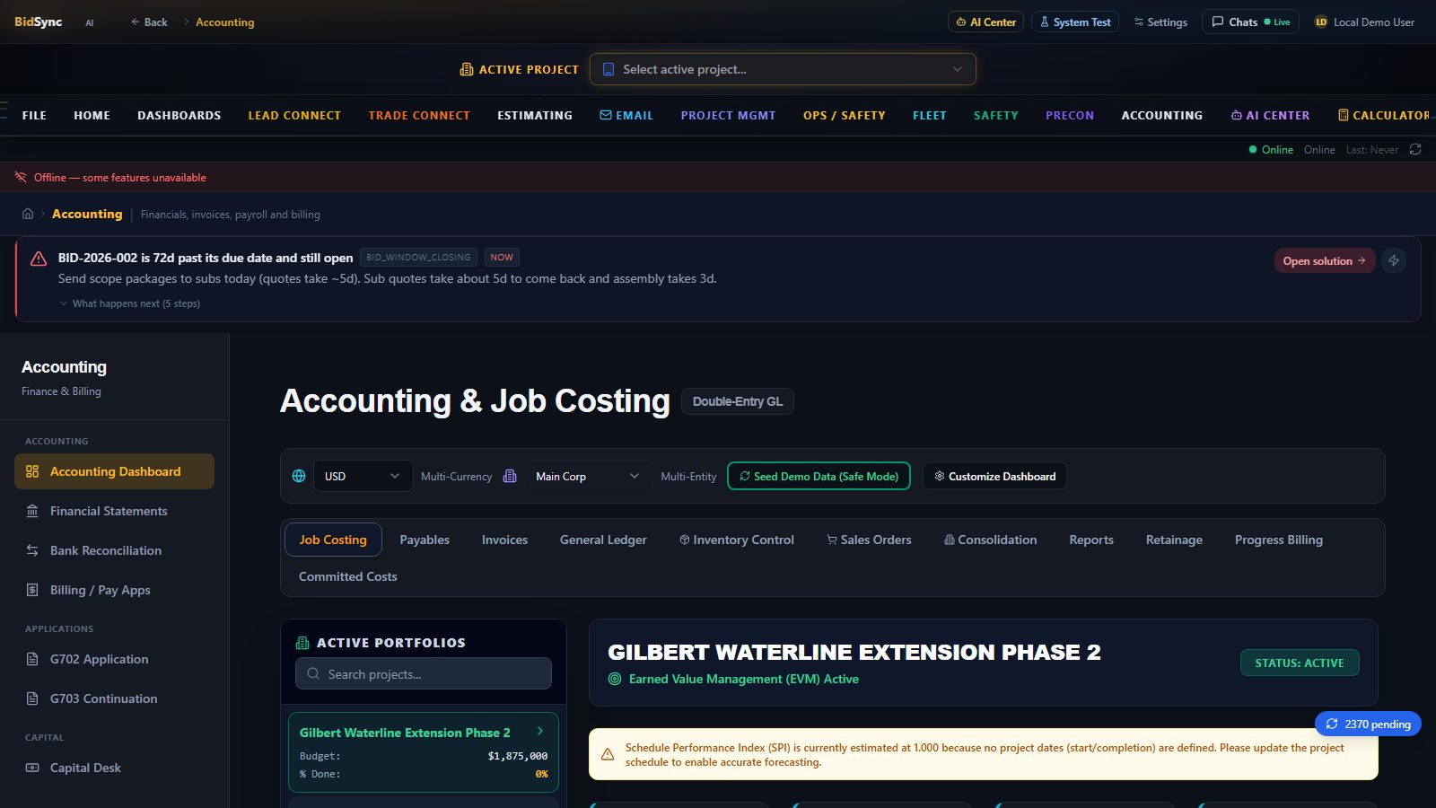 QuickBooks integration screen in BidSync AI