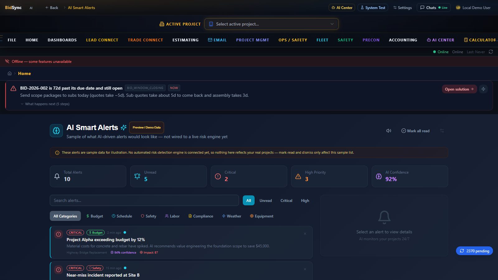 Smart alerts center screen in BidSync AI