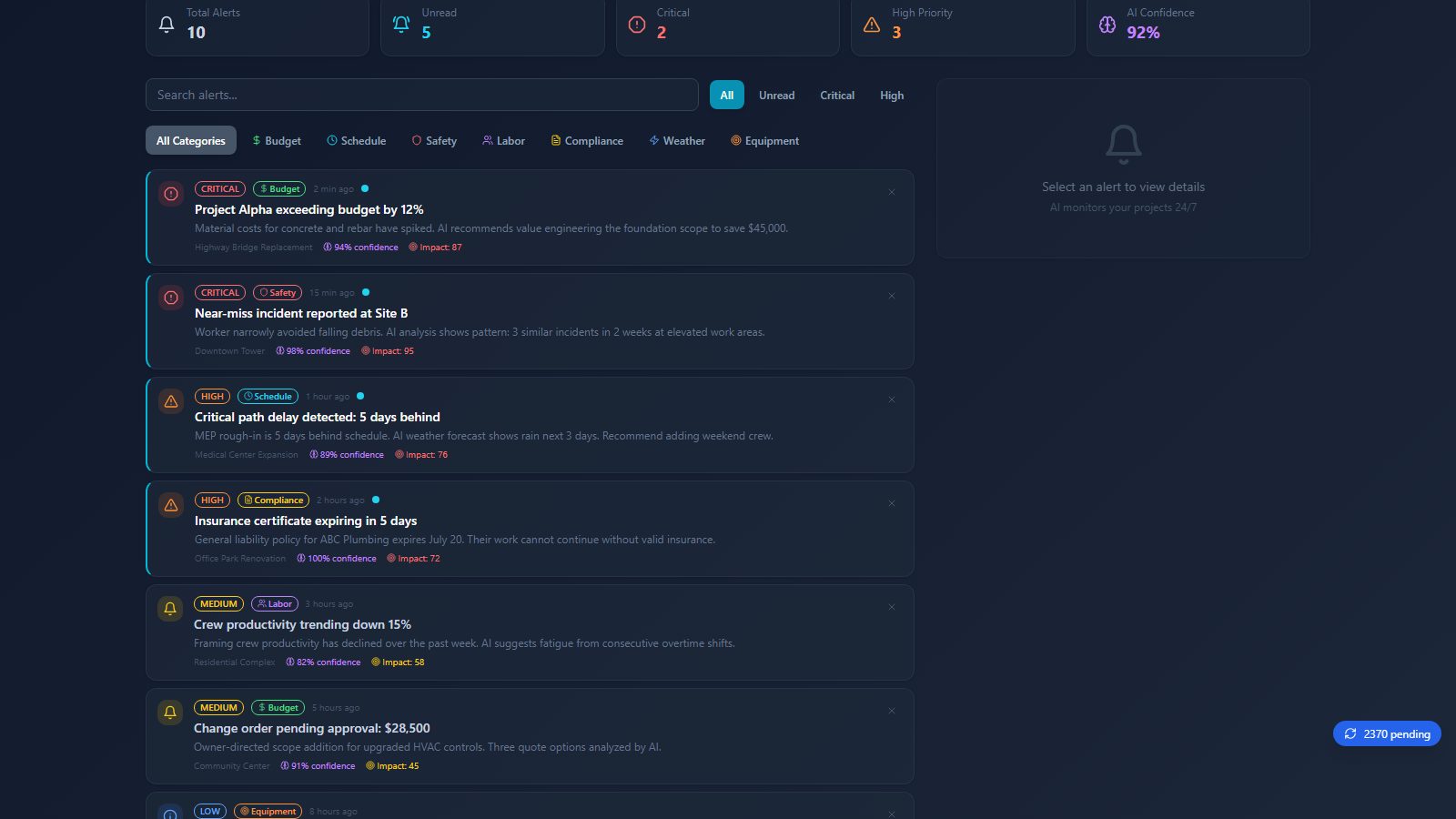 Smart alerts center (continued) screen in BidSync AI