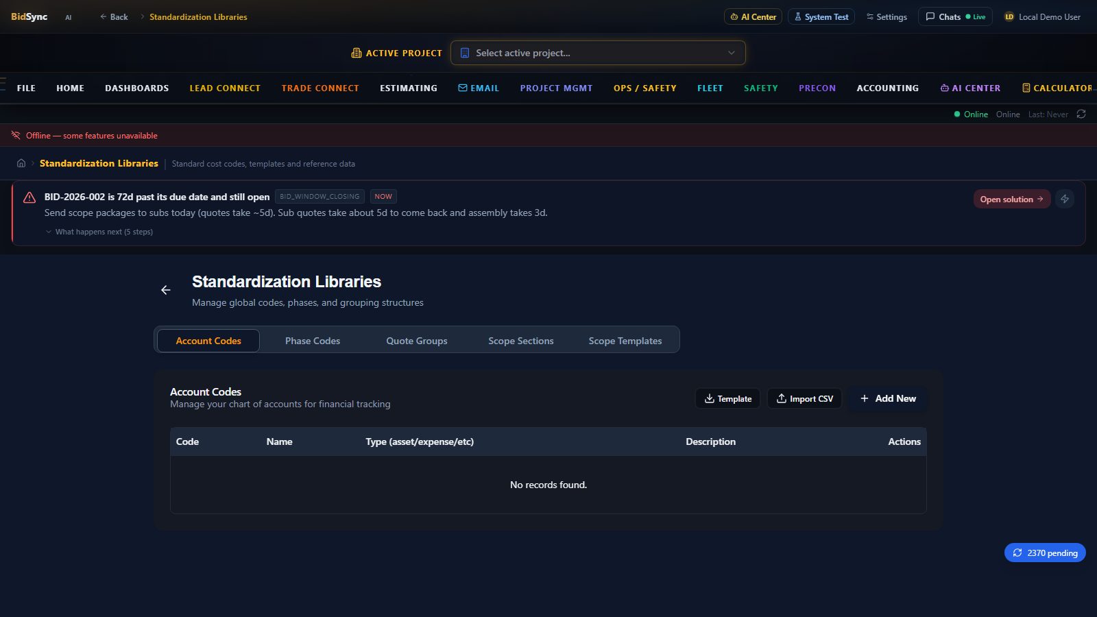 Standardization libraries screen in BidSync AI