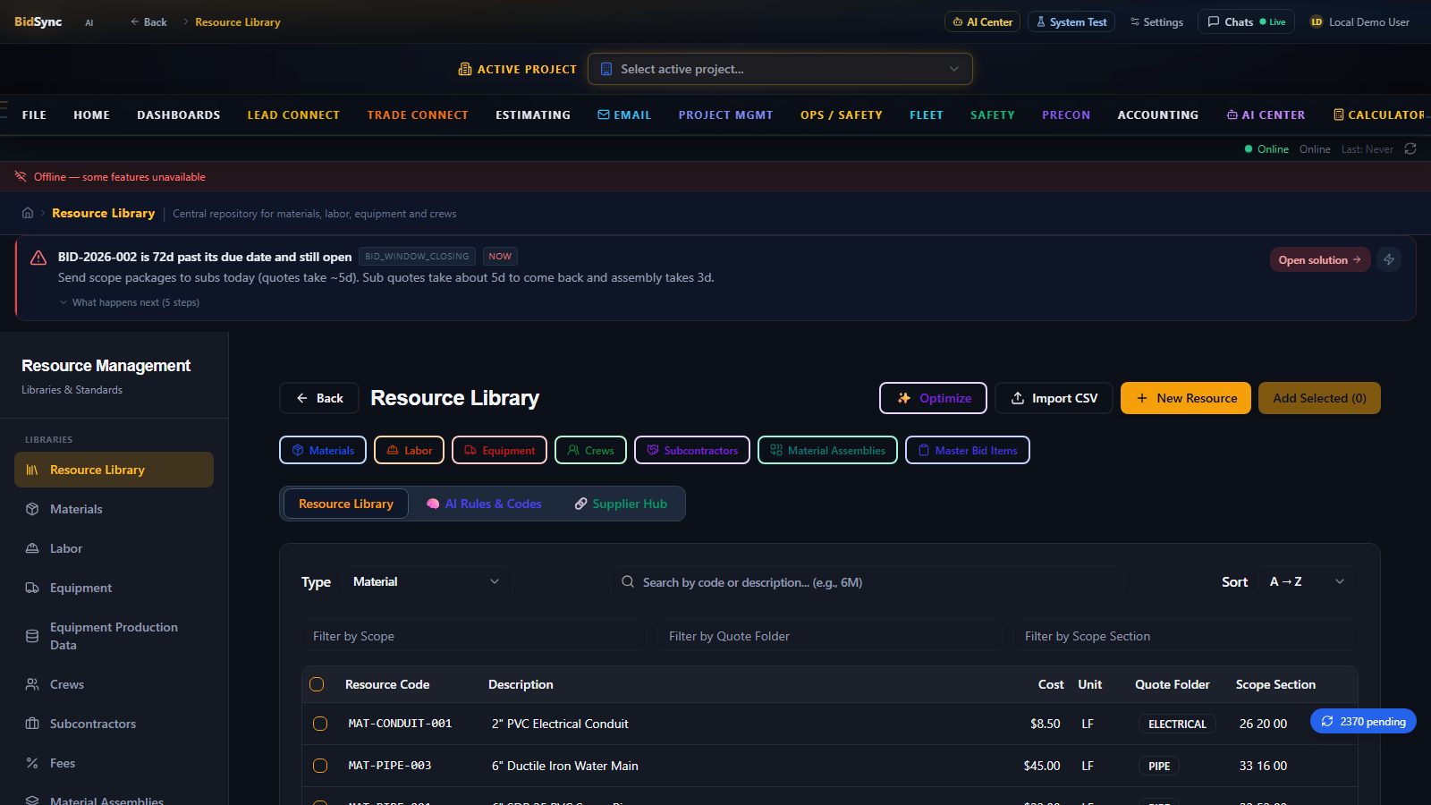 Standardization libraries screen in BidSync AI