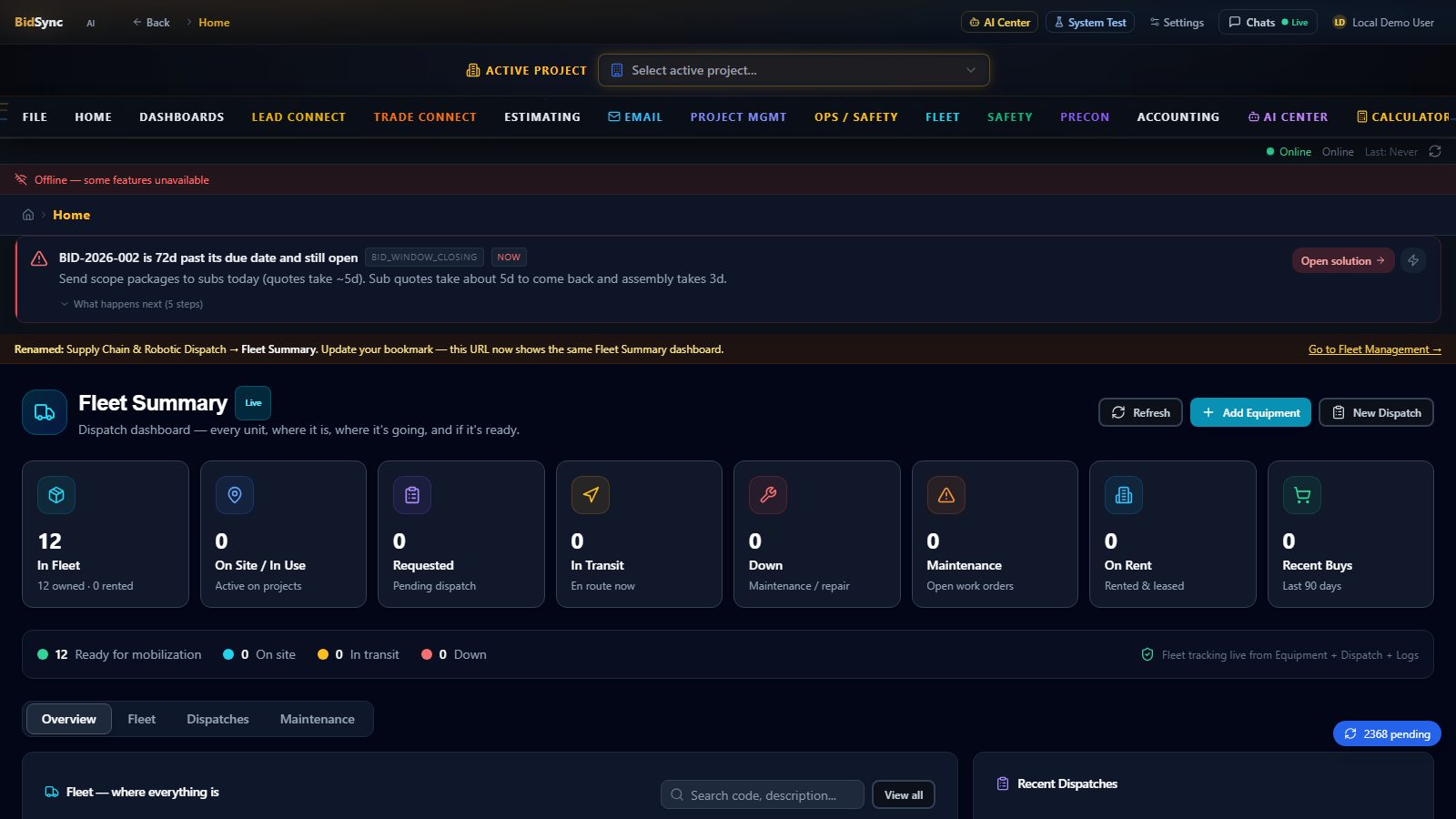 Supply chain dispatch screen in BidSync AI