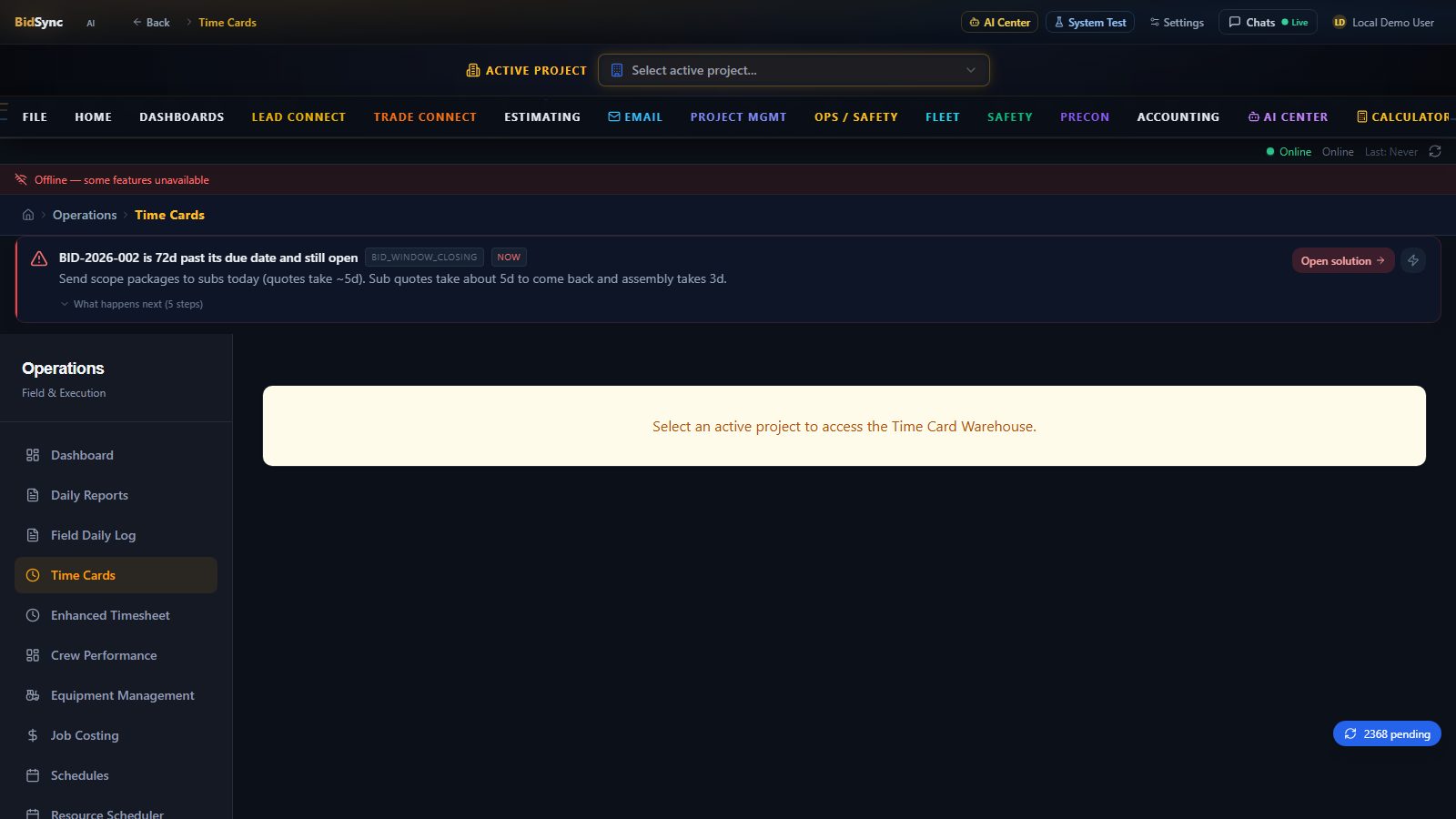 Time cards & labor tracking screen in BidSync AI