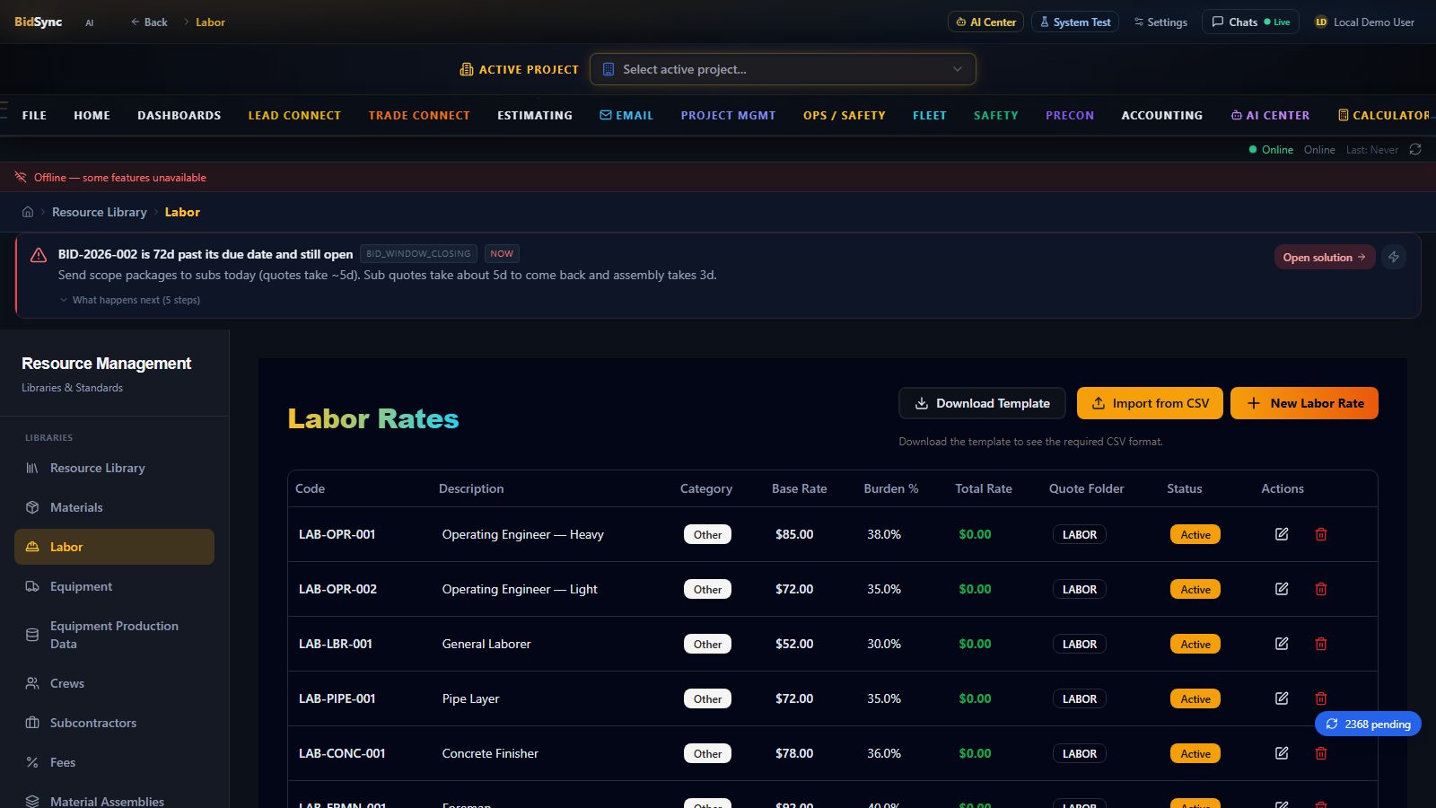 Time cards & labor tracking screen in BidSync AI