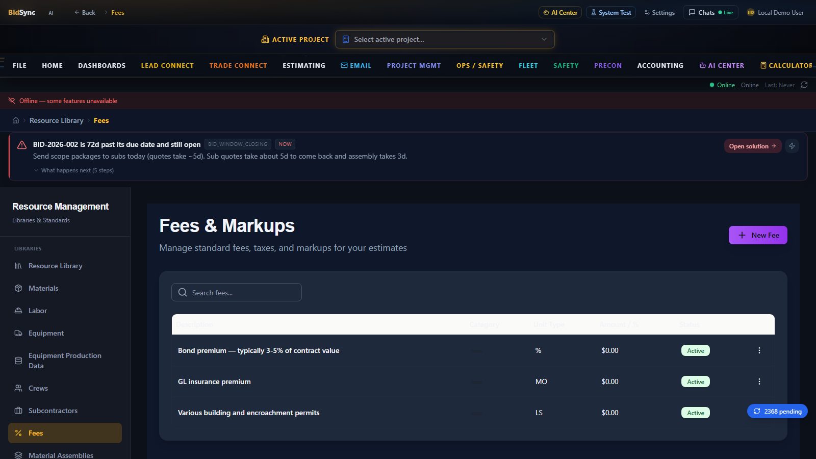 Trade-specific pricing screen in BidSync AI