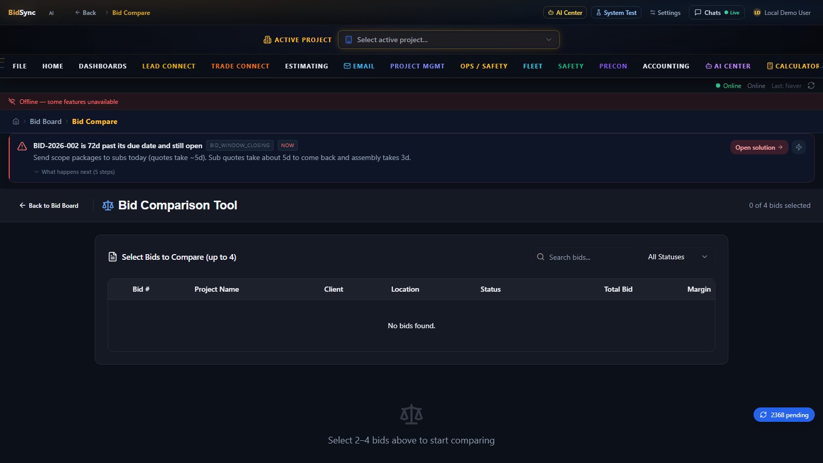 Unit-price bid packages screen in BidSync AI