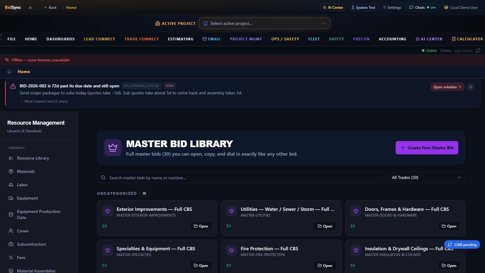 Unit-price bid packages screen in BidSync AI