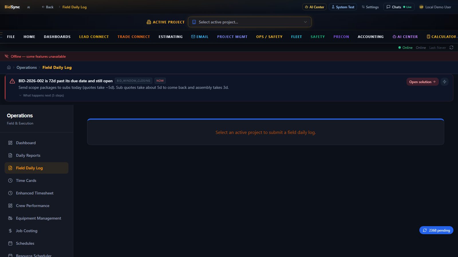 Voice field commands screen in BidSync AI
