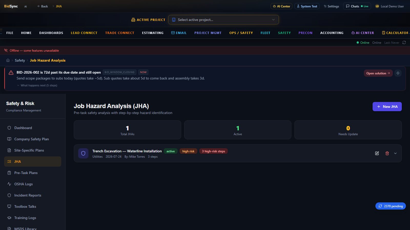 Voice-logged incident reports screen in BidSync AI