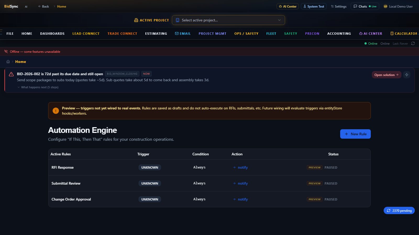 Workflow automation screen in BidSync AI