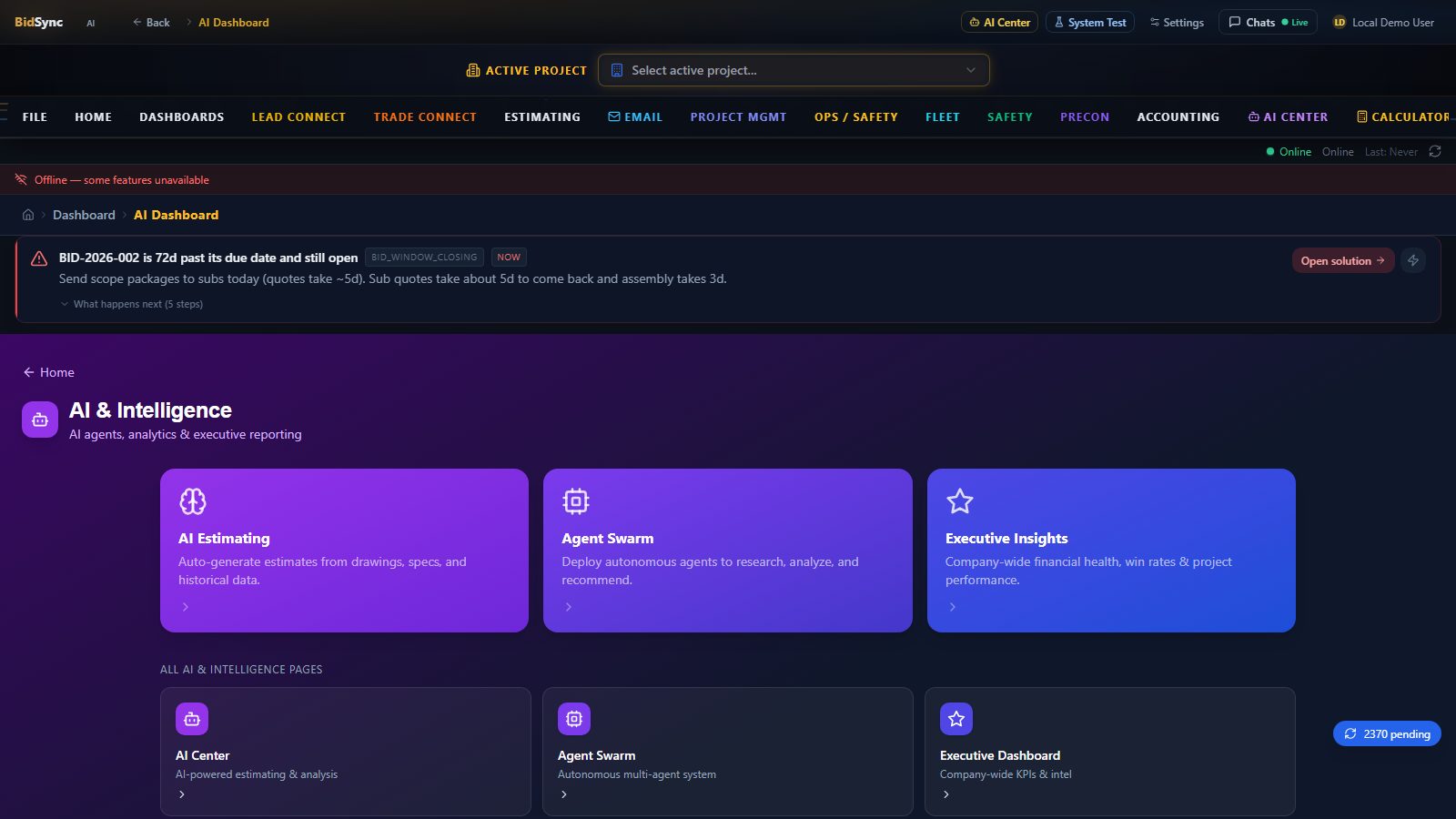 AI Center screen in BidSync AI